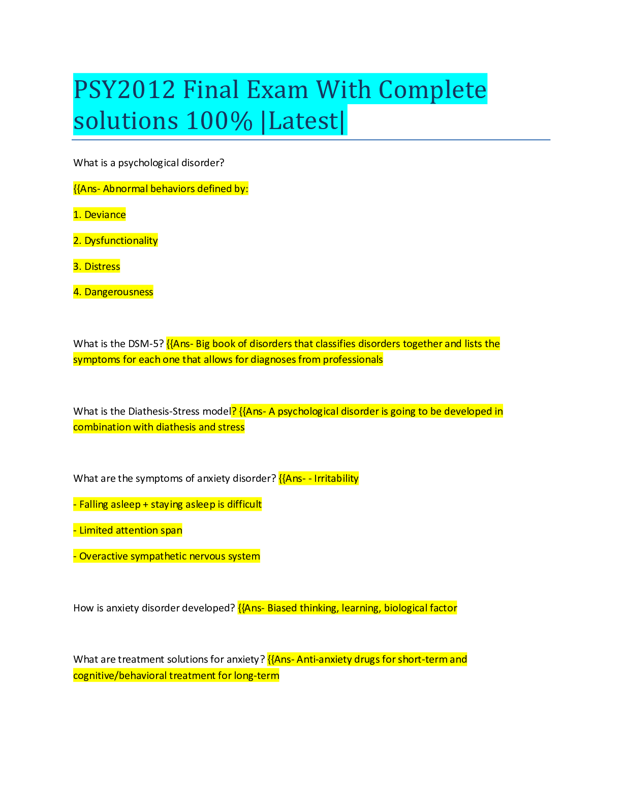 Preview of PSY2012 Final Exam With Complete solutions 100% |Latest|
